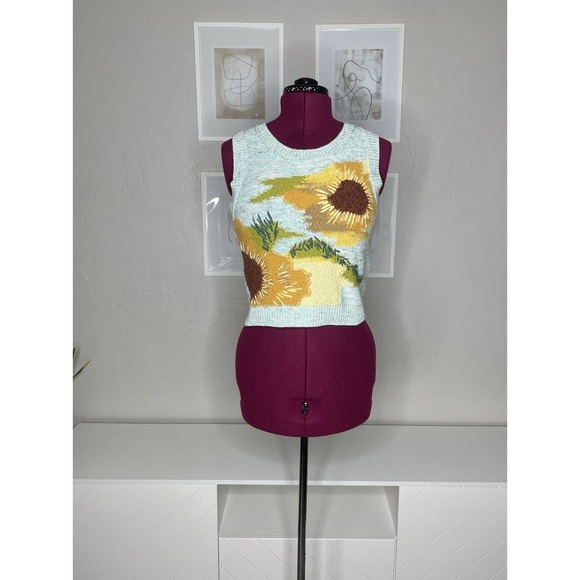 Anthropologie Sweaters - Pilcro Anthropologie Sweater Vest Womens S CrewNeck Green Motif Sunflower Autumn